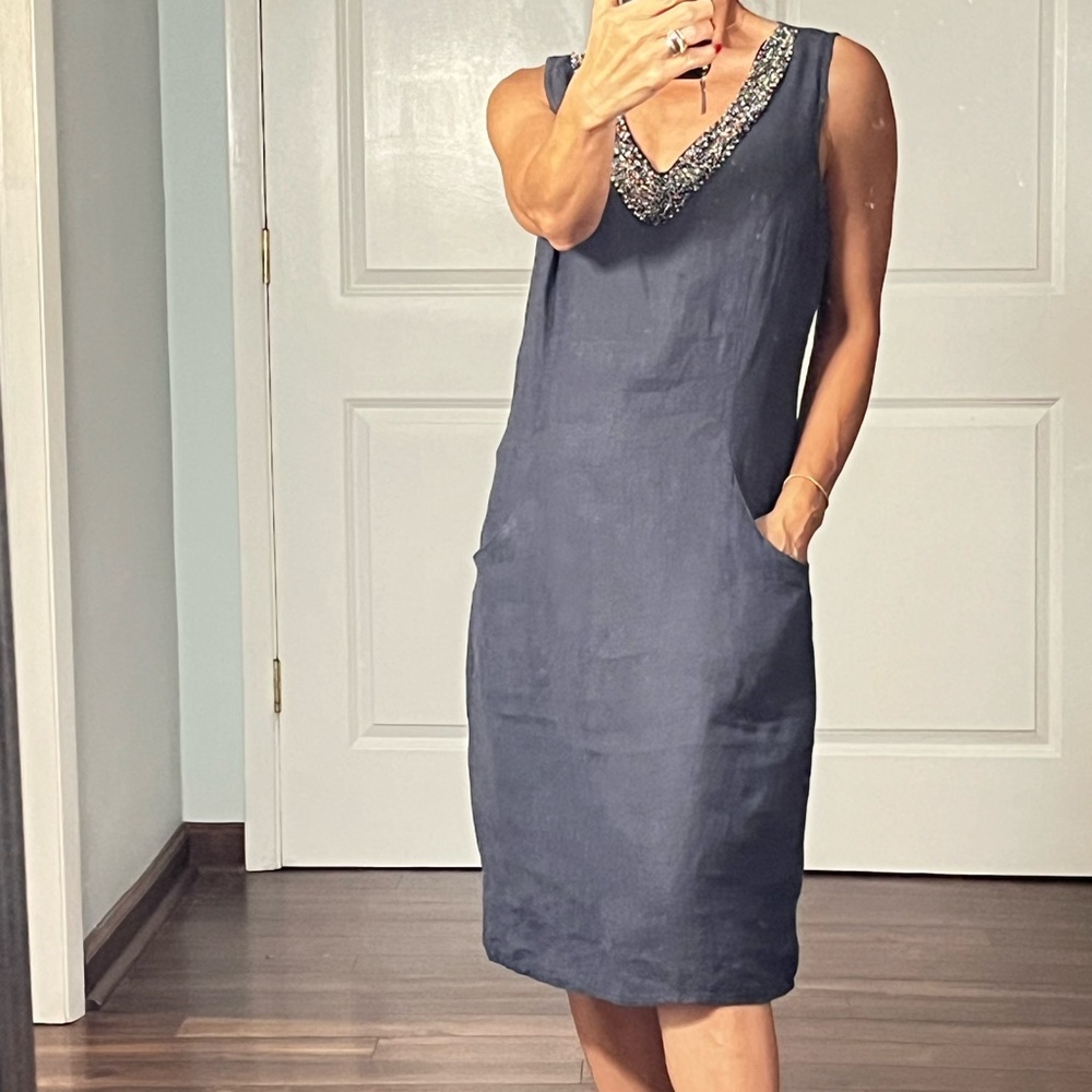Lina Tomei 100% linen beaded neckline shirt dress size S